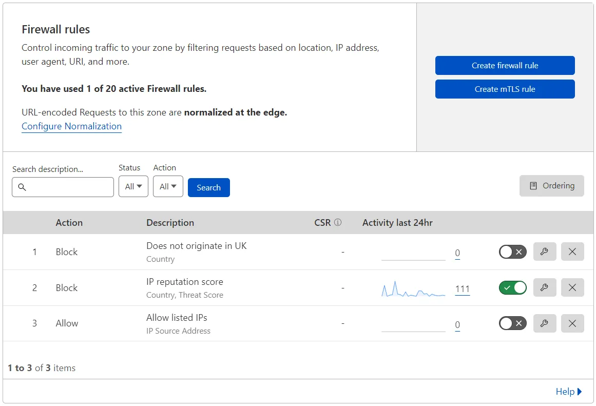 The Firewall rules interface, displaying a list of three example firewall rules. This interface allows you to create new firewall rules, manage existing rules, and search and filter the list of rules.