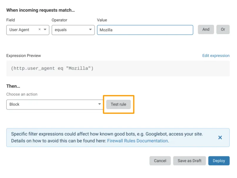 The Test Rule button next to the Action drop-down list allows you to check the traffic that would be affected by the current firewall rule