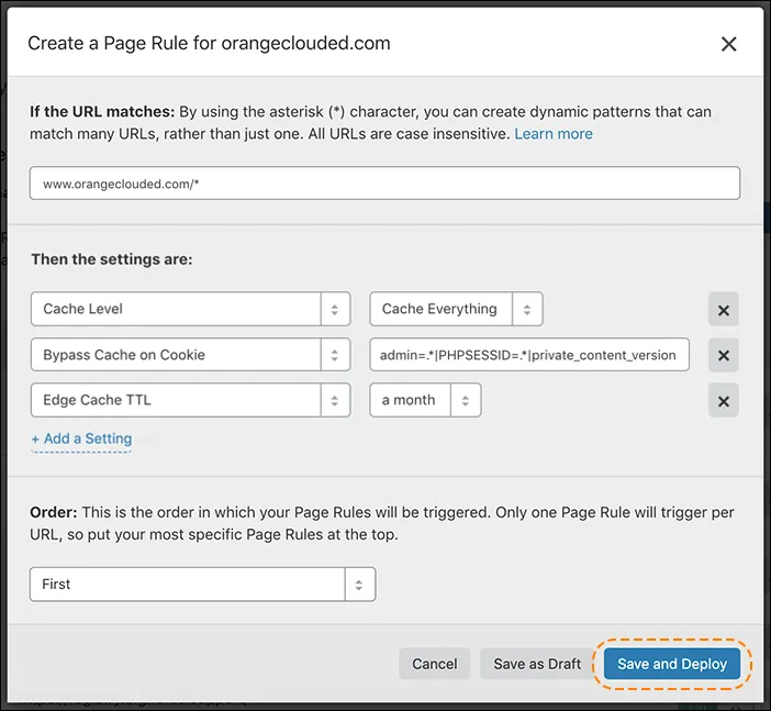 The Create a Page Rule dialog with settings to instruct Cloudflare to cache static HTML, the Bypass Cache on cookie rule instructing Cloudflare not to cache HTML while static images and other files are still cached, and the Edge Cache TTL set to a month.