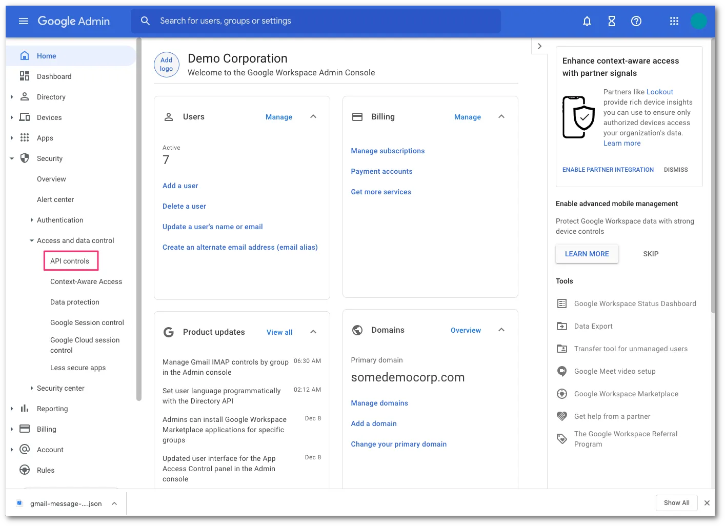 Go to Security, Access and data controls, and select API controls